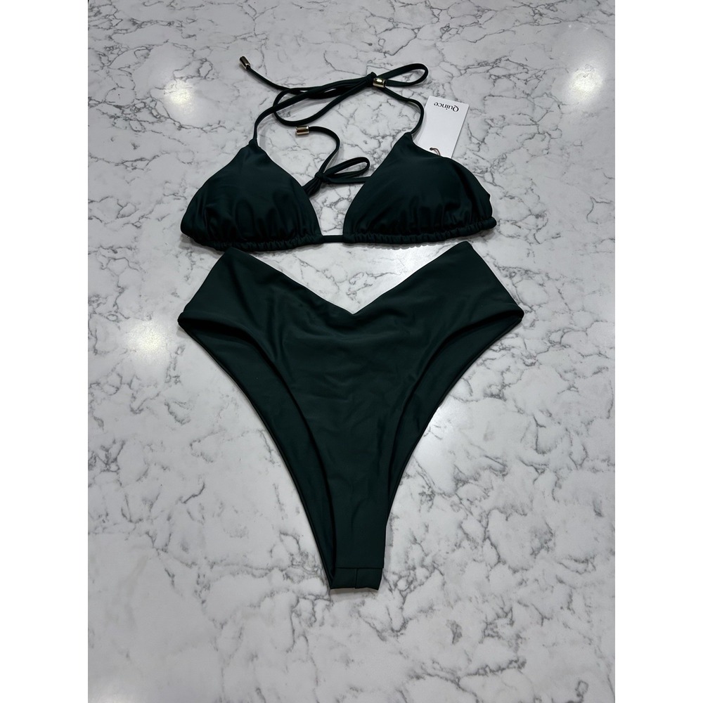 New Quince Palm Green Italian Triangle Bikini Top & V Cut High Leg Bottom Small